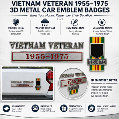 🇺🇸 Vietnam Veteran 1955–1975 Memorial Car Emblem Metal Badge